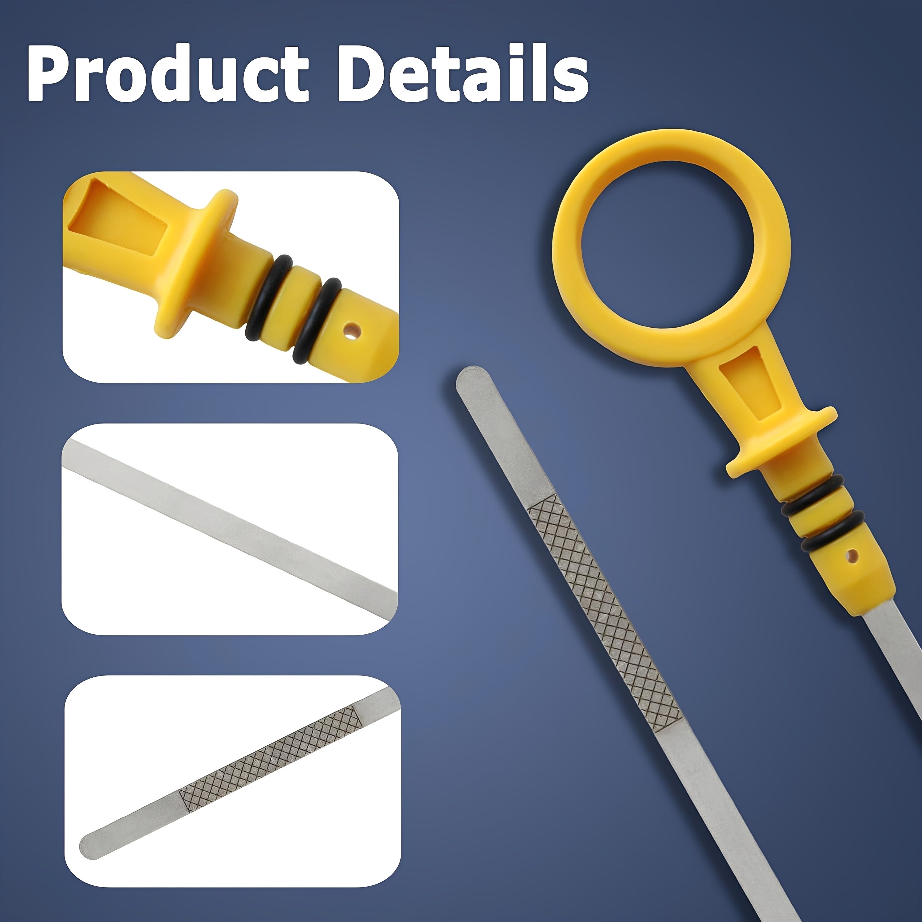Engine oil dipstick detail with yellow handle, black spring, and metal measuring blade