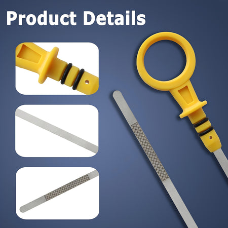Engine oil dipstick detail with yellow handle, black spring, and metal measuring blade