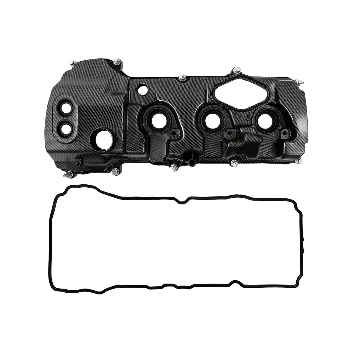 Left engine valve cover with carbon-fiber style finish and attached gasket