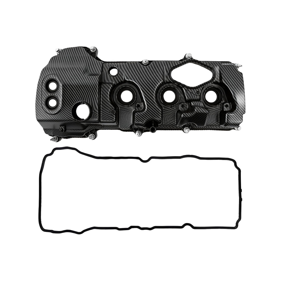 Left engine valve cover with carbon-fiber style finish and attached gasket