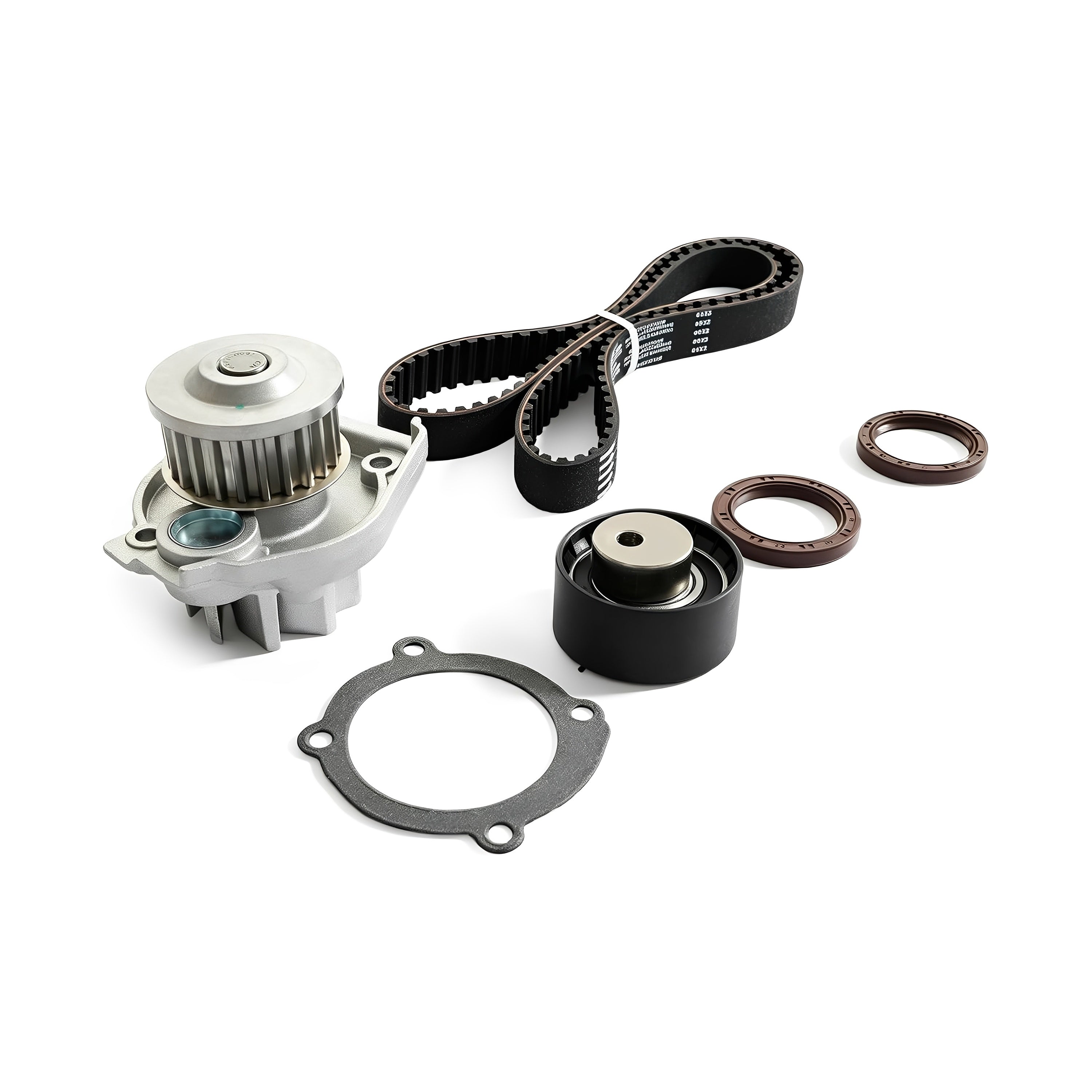 Timing belt kit with water pump, timing belt, pulleys, seals, and gasket