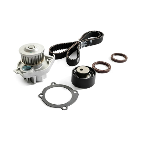 Timing belt kit with water pump, timing belt, pulleys, seals, and gasket