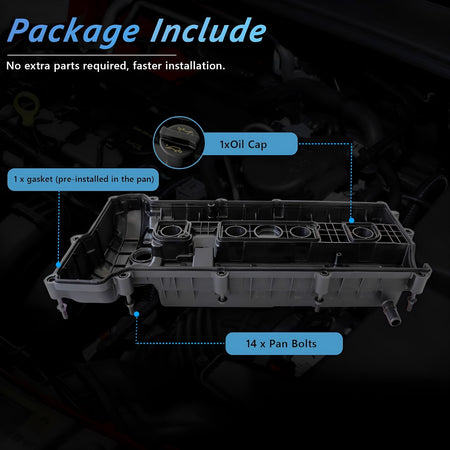 Engine valve cover with pre-installed gasket and pan bolts