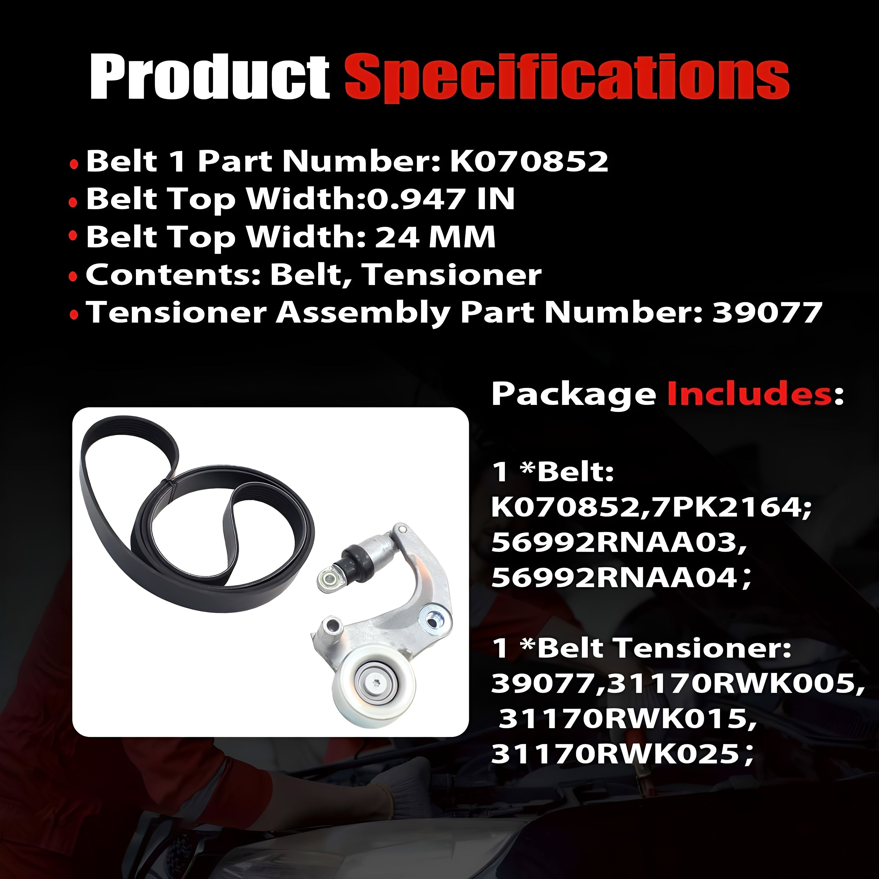 Serpentine belt and tensioner kit with black belt and pulley tensioner assembly.