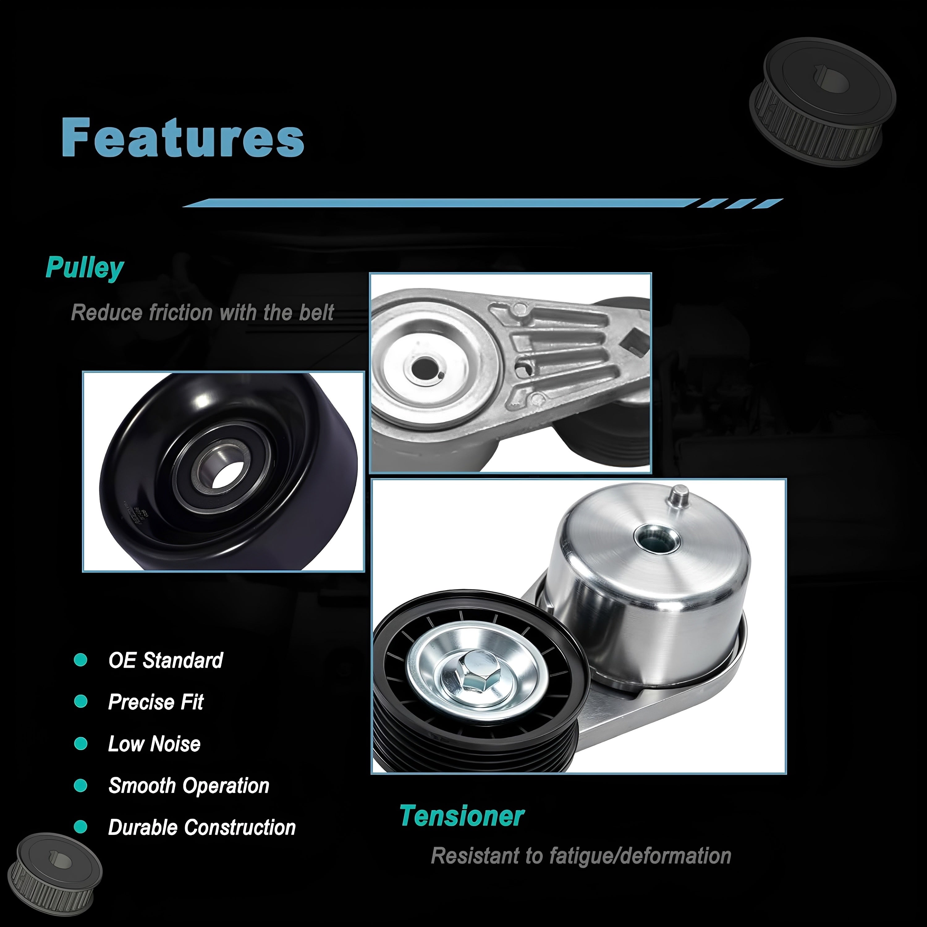 Serpentine belt tensioner kit featuring pulley and tensioner close-up detail