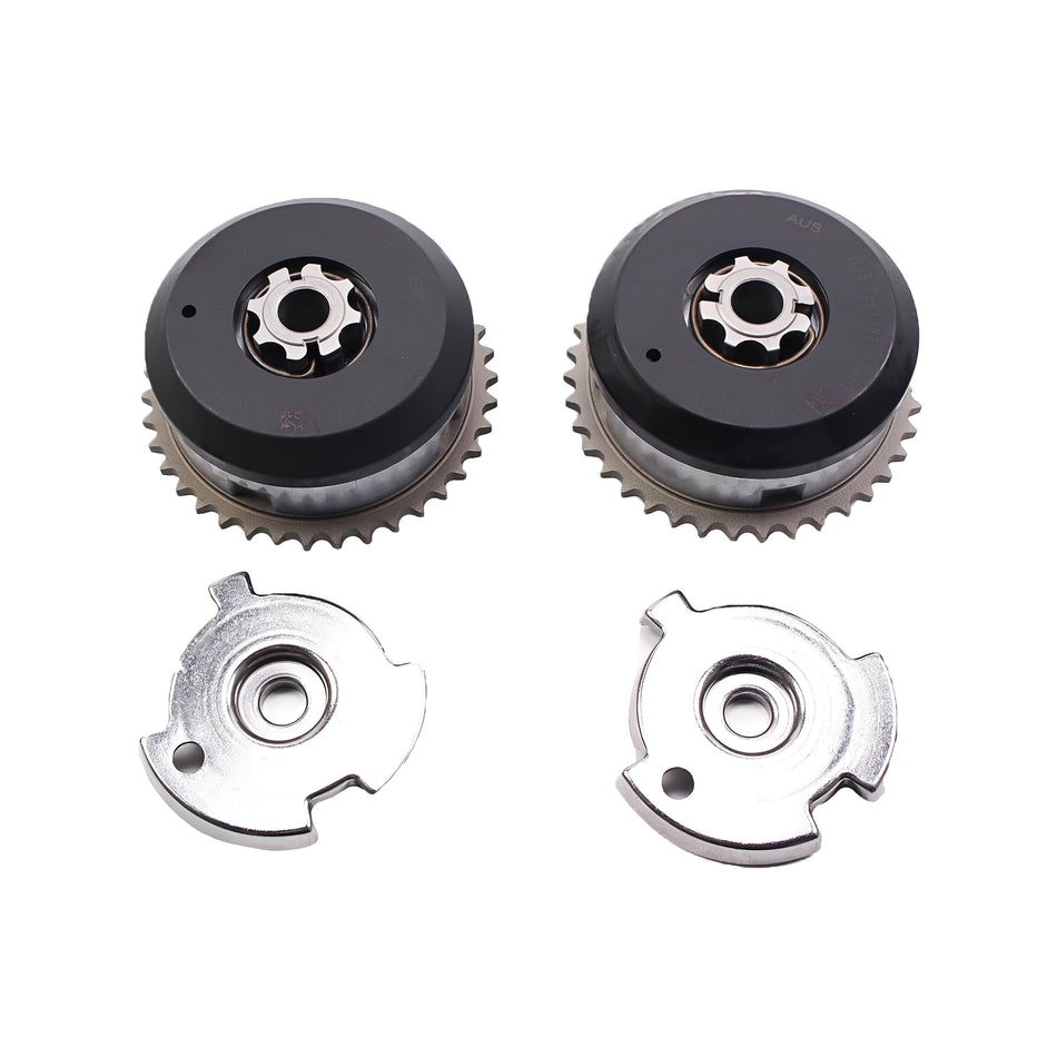 Camshaft adjuster sprocket set with black and silver gears and mounting plates