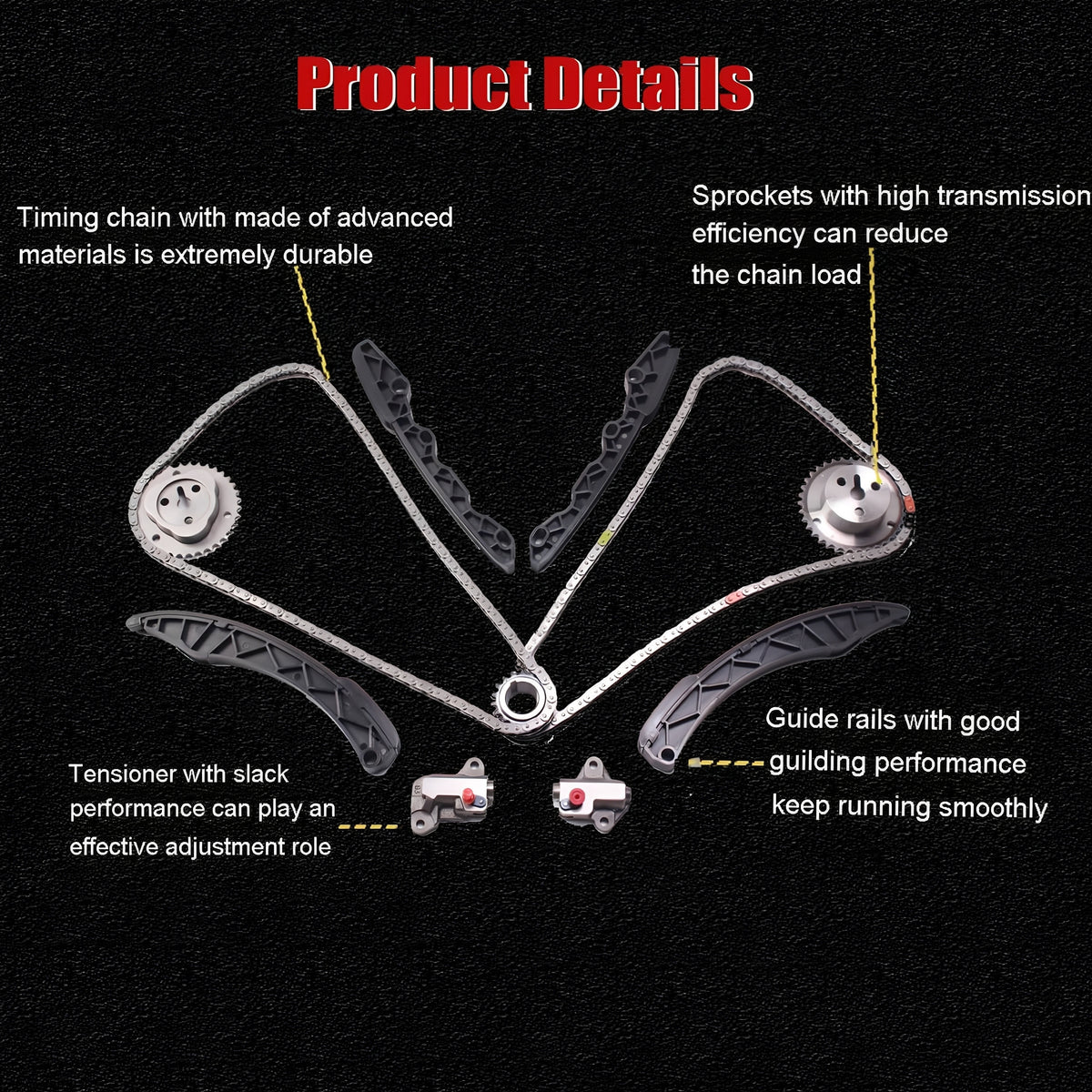 Timing chain kit detail: timing chain with guide rails, tensioners, and sprockets