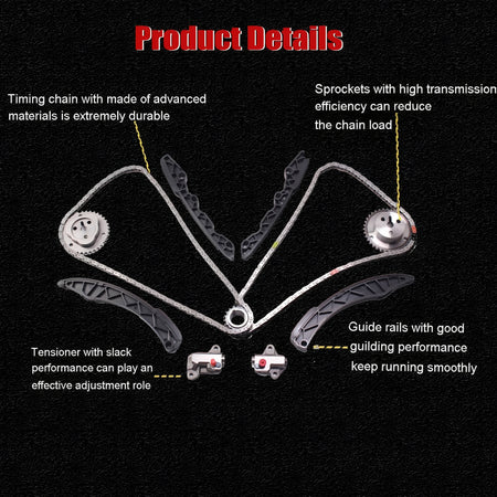 Timing chain kit detail: timing chain with guide rails, tensioners, and sprockets