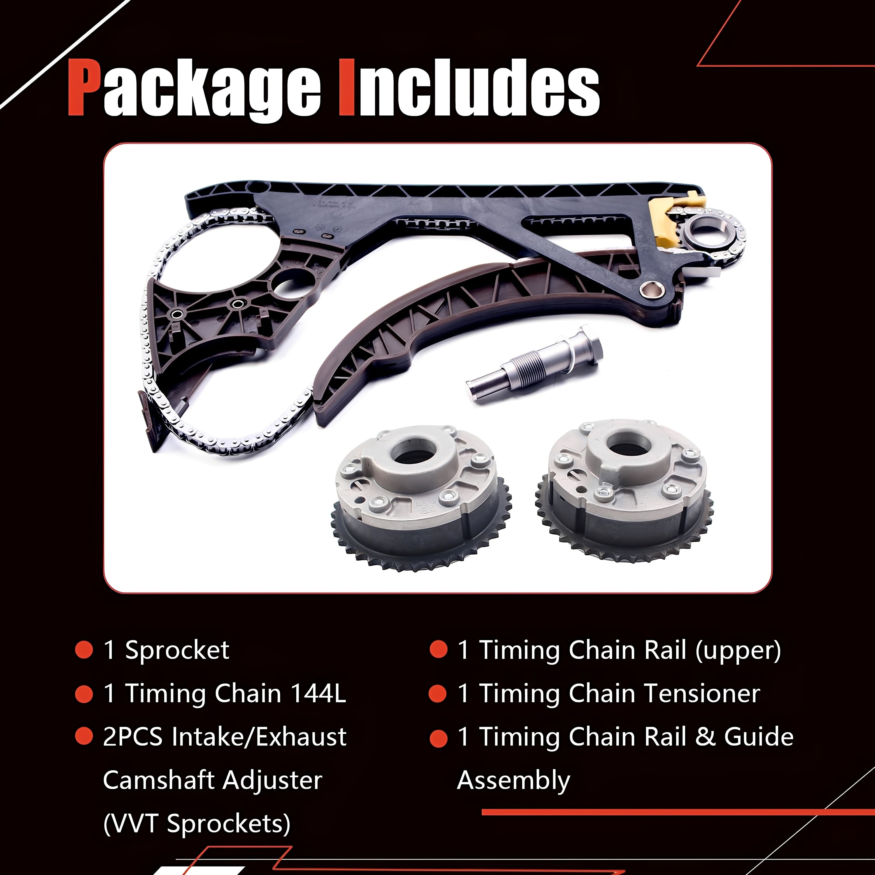 Timing chain kit package includes rails, sprockets, and tensioner assembly