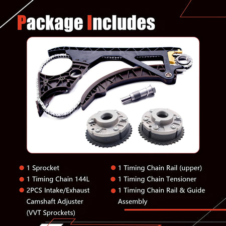 Timing chain kit package includes rails, sprockets, and tensioner assembly