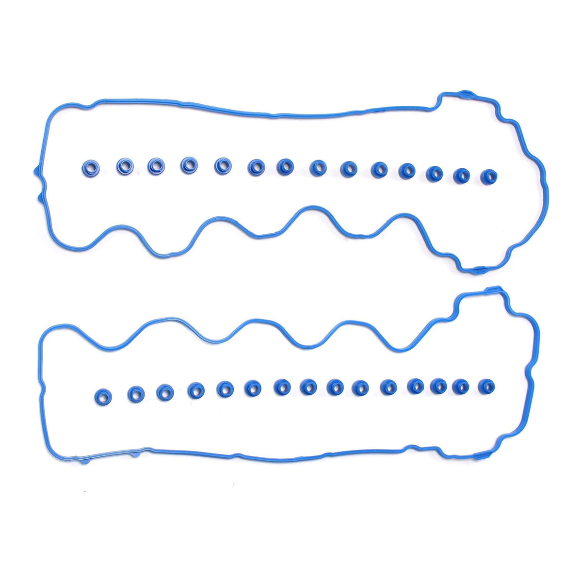 Two blue wavy valve cover gaskets with rows of small bolt holes