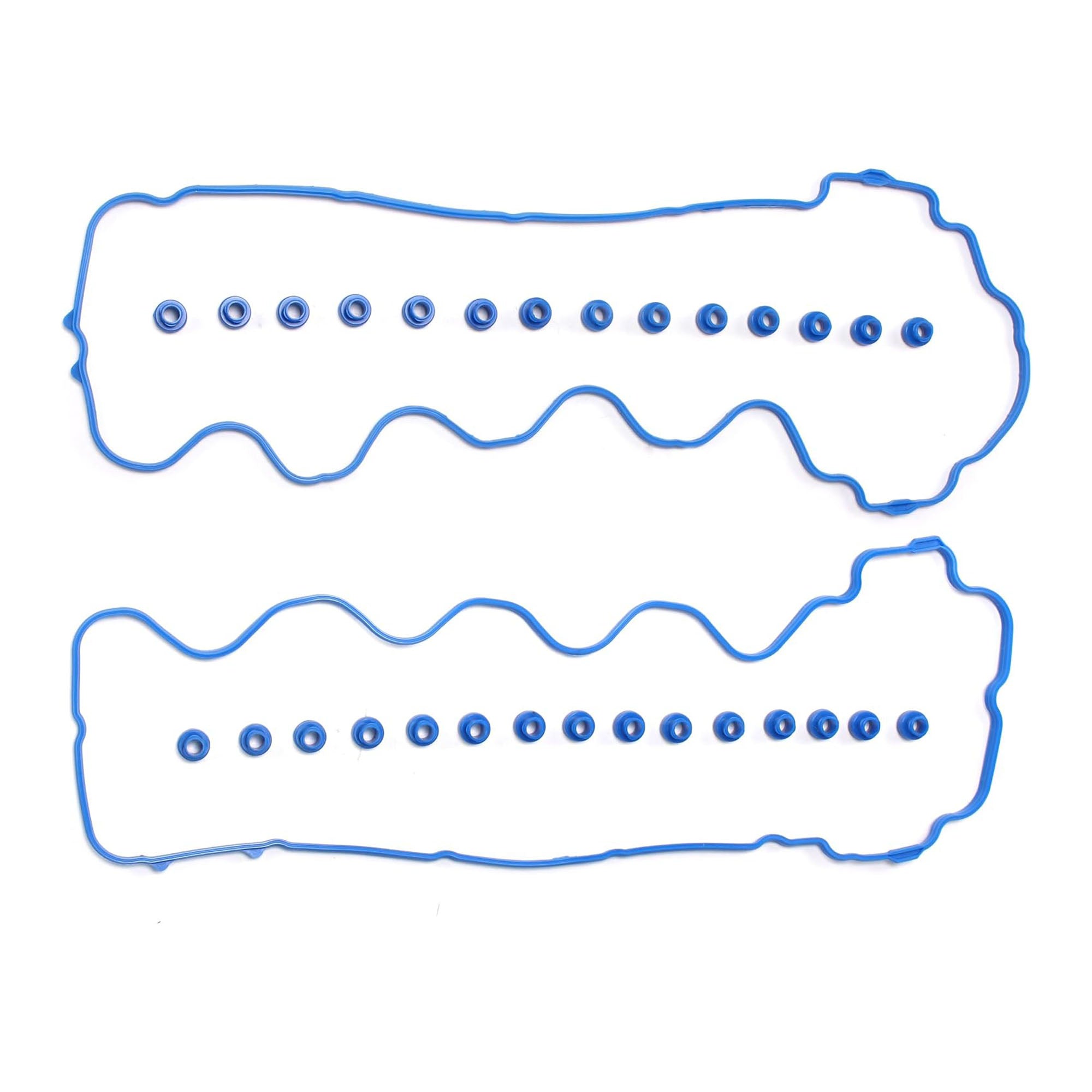 Two blue wavy valve cover gaskets with rows of small bolt holes