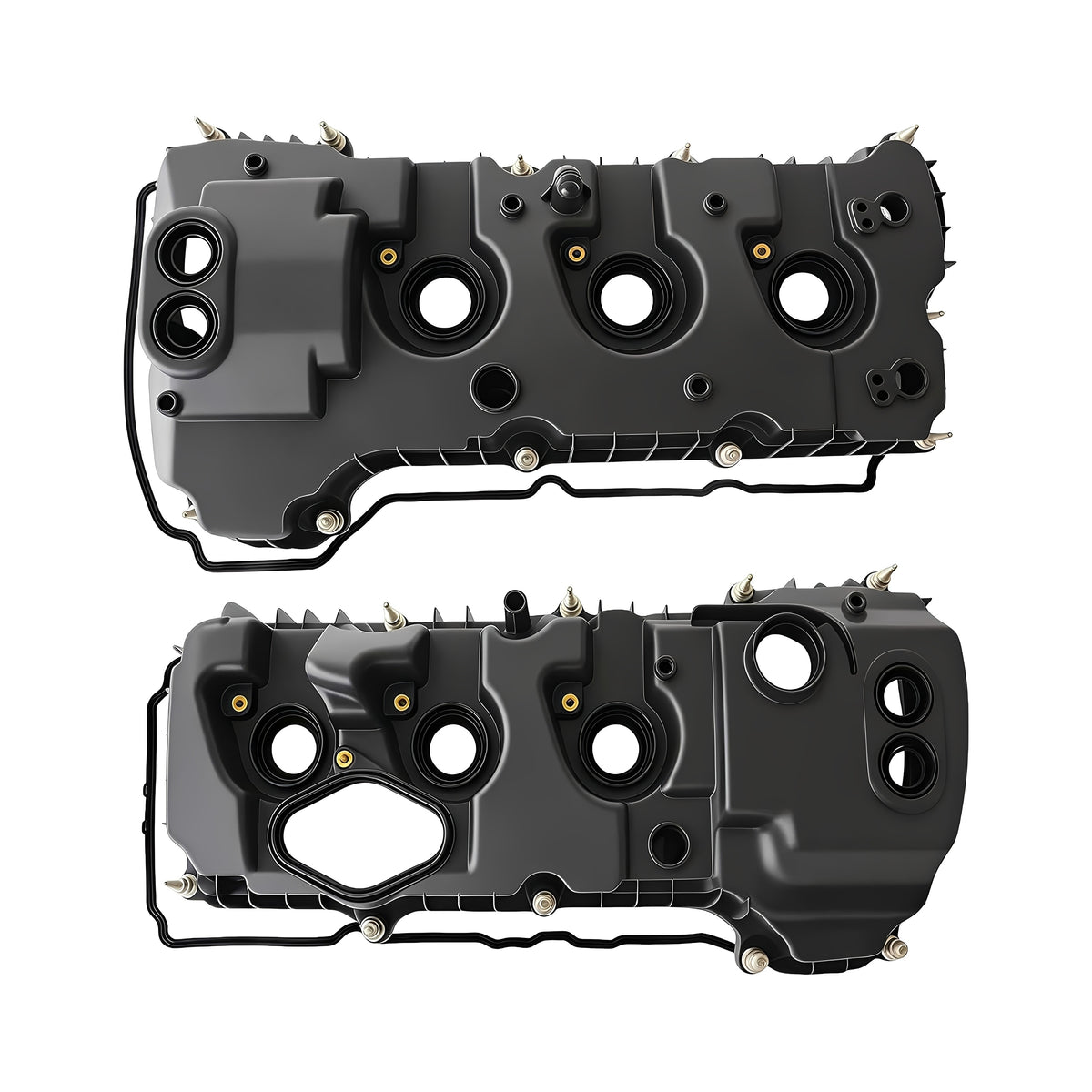 Valve cover set in black plastic with oil ports and mounting bolts, top view