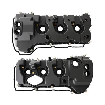 Valve cover set in black plastic with oil ports and mounting bolts, top view