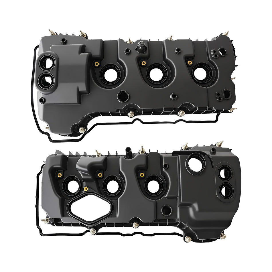 Valve cover set in black plastic with oil ports and mounting bolts, top view