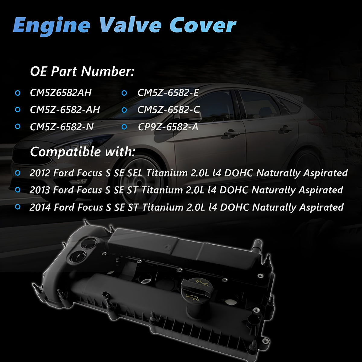 Black engine valve cover with mounting holes and circular ports