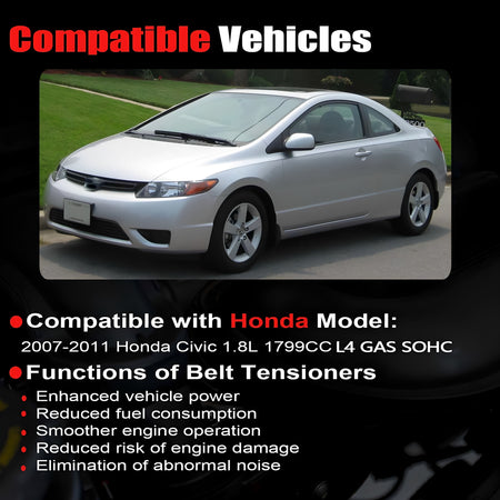 Serpentine belt tensioner kit compatible with Honda Civic 2007–2011, shown on car.