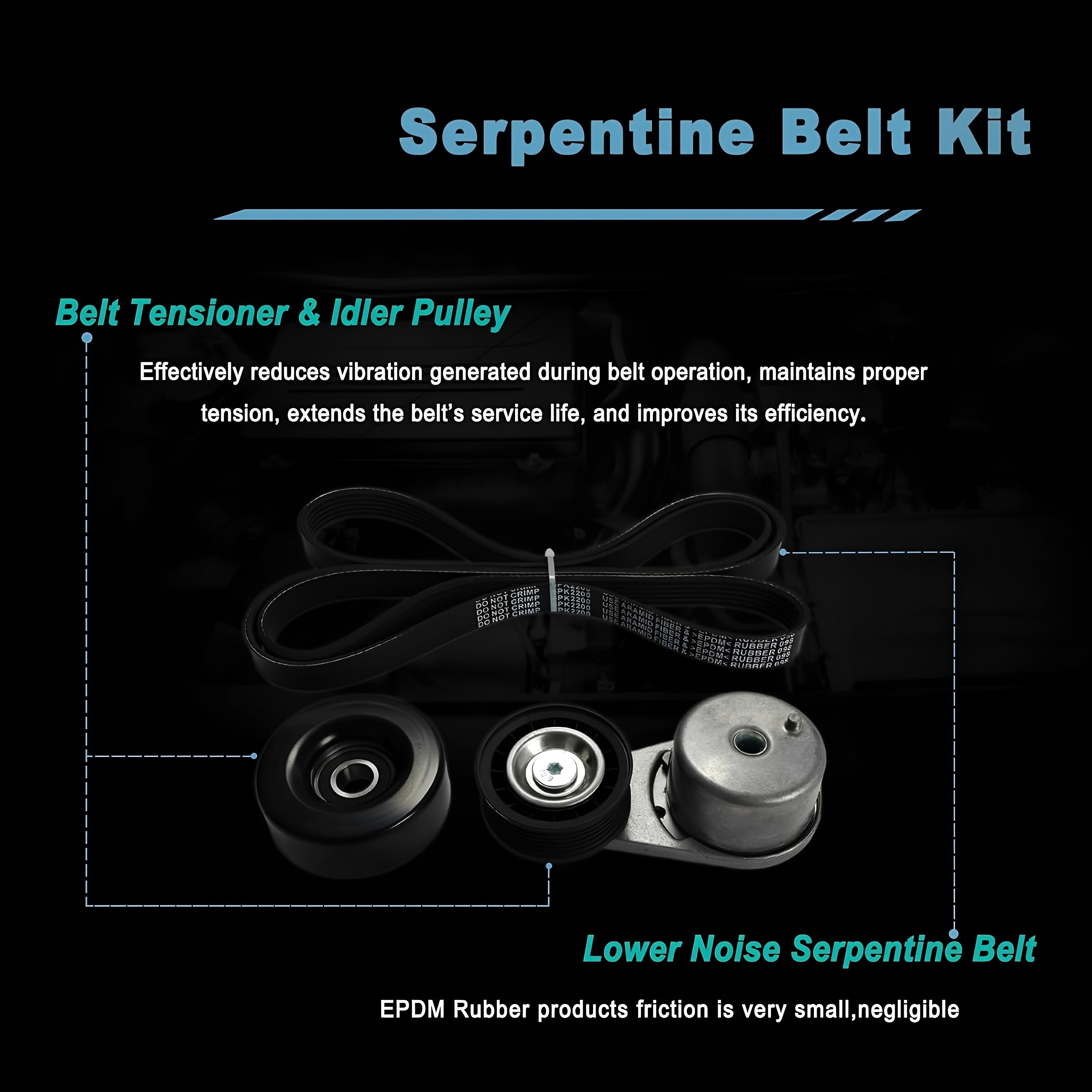Serpentine belt tensioner and idler pulley kit with belt tension and noise notes