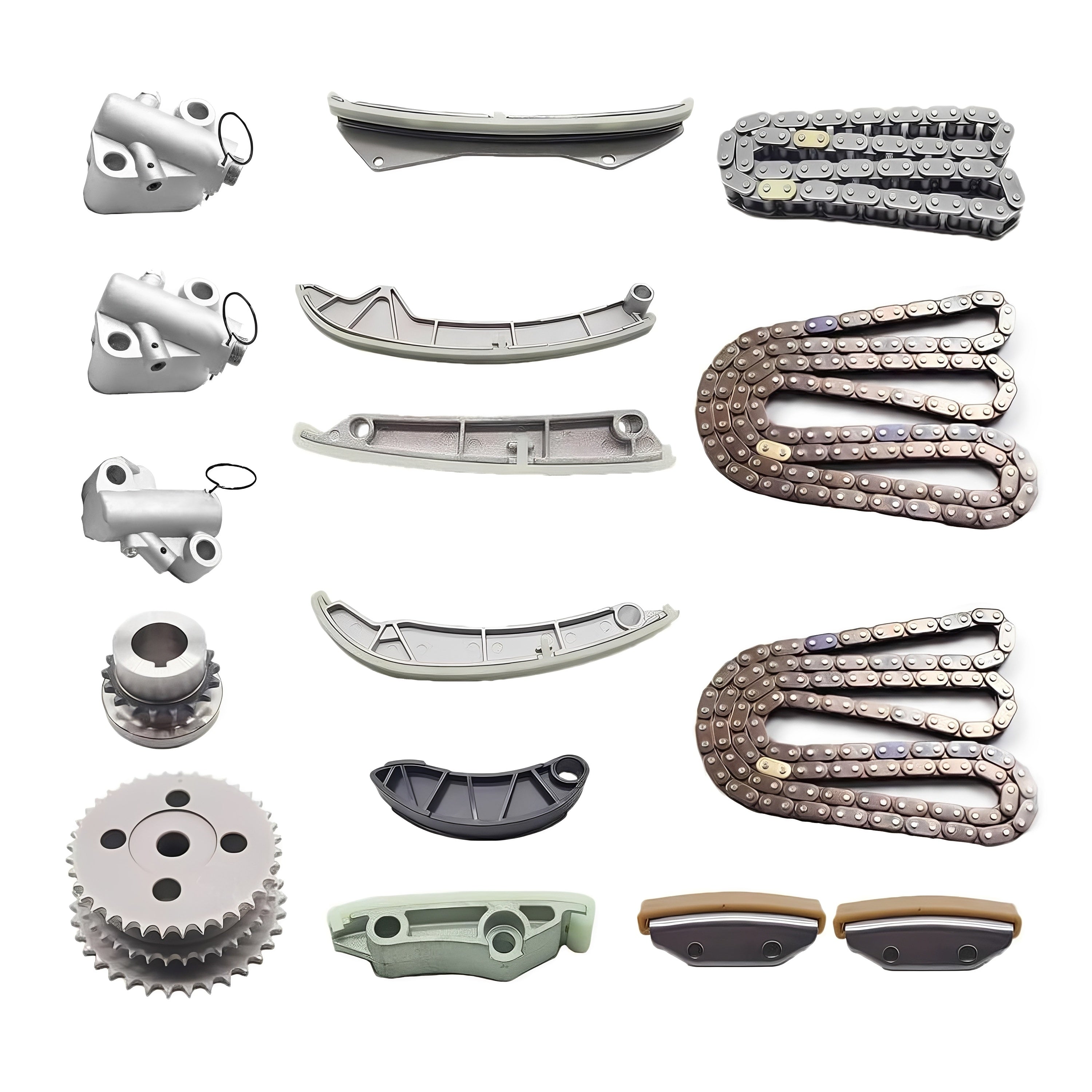 Engine timing chain kit components: linked chains, sprockets, tensioner parts, and guides