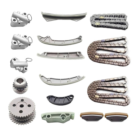 Engine timing chain kit components: linked chains, sprockets, tensioner parts, and guides