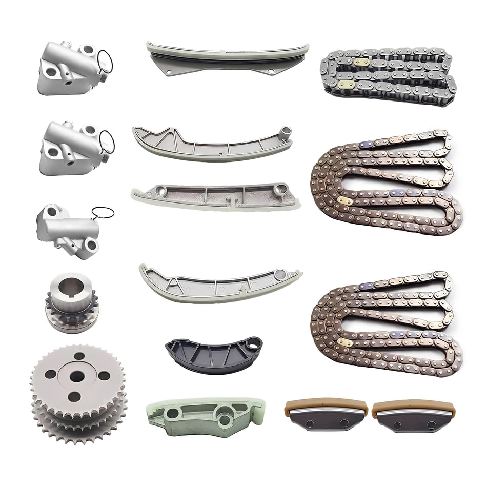 Engine timing chain kit components: linked chains, sprockets, tensioner parts, and guides