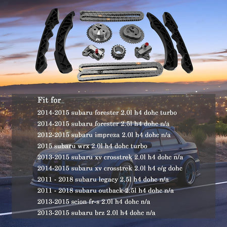 Timing chain kit parts arranged: timing chain, sprockets, guide rails, tensioners, gears