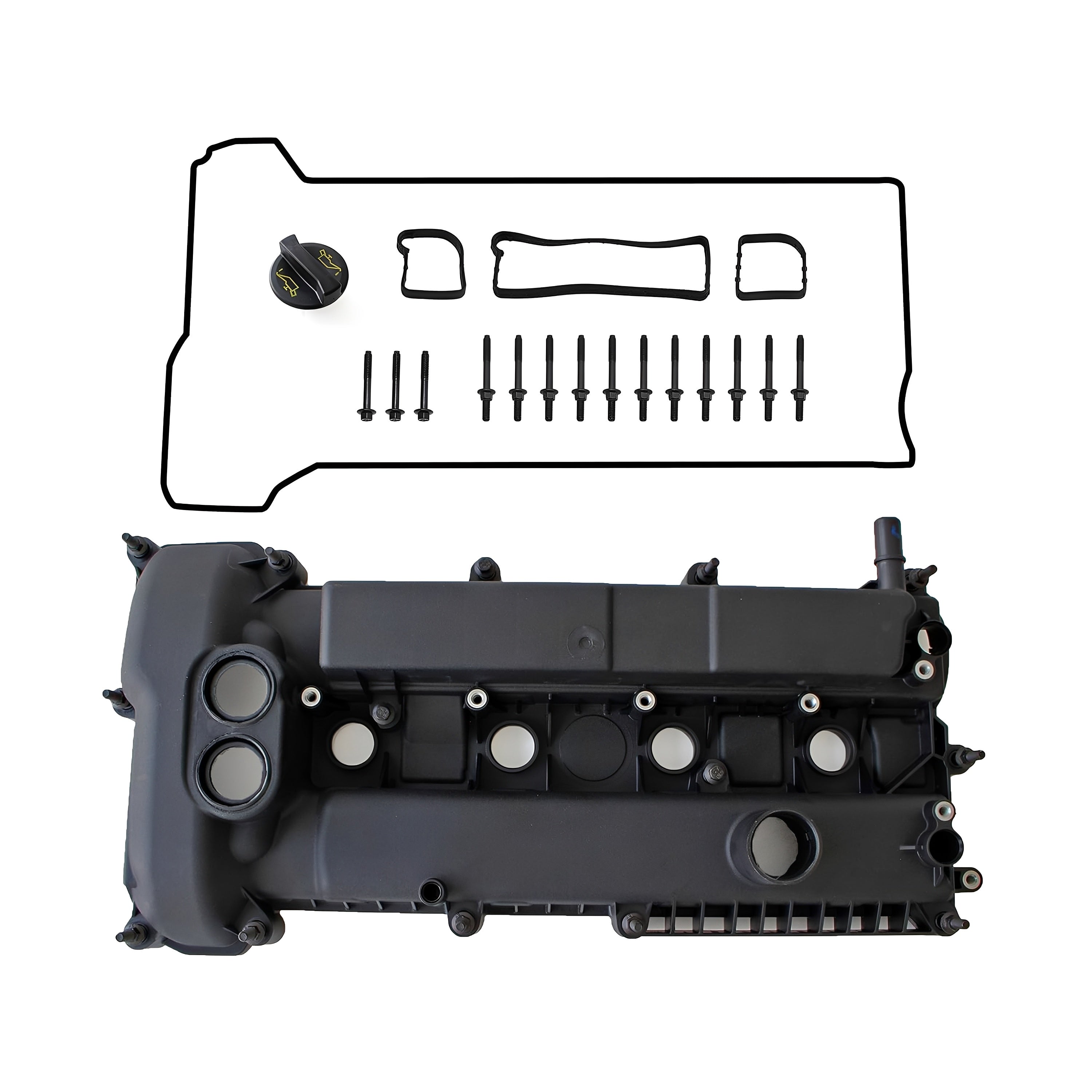 Engine valve cover kit with black plastic valve cover, gasket, and pan bolts