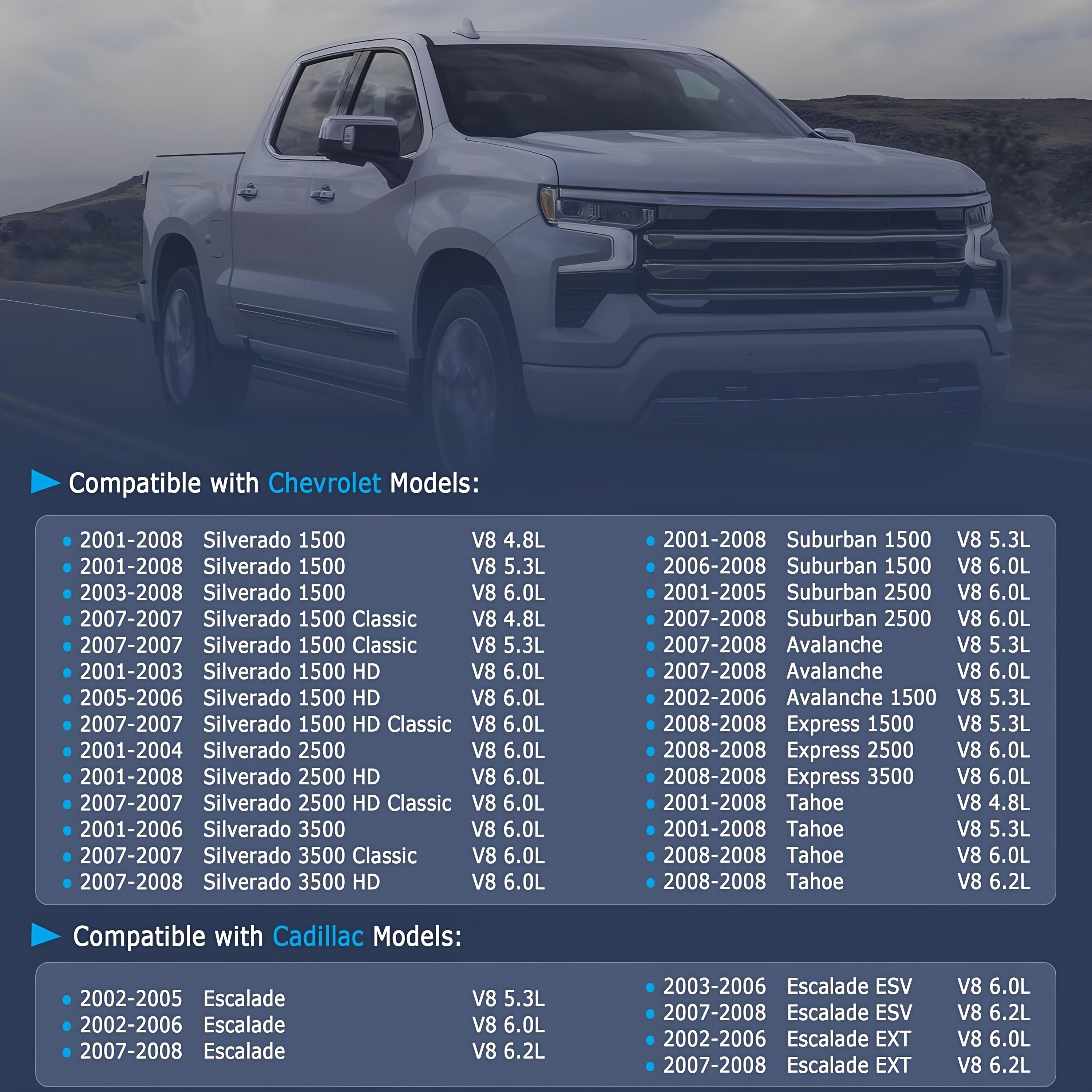 Silver pickup truck shown with on-screen vehicle compatibility list