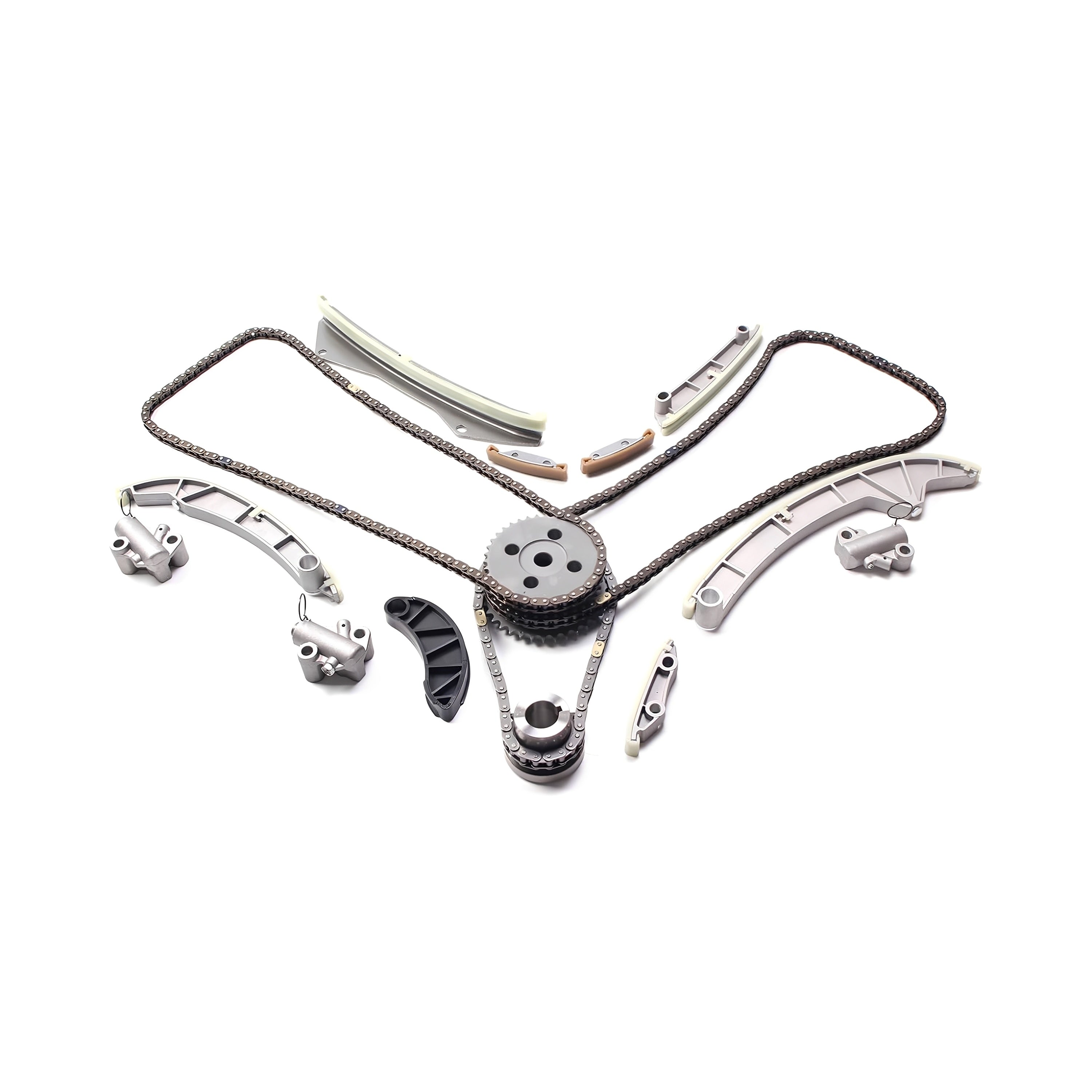 Engine timing chain kit with metal gears, chain segments, and timing guide rails