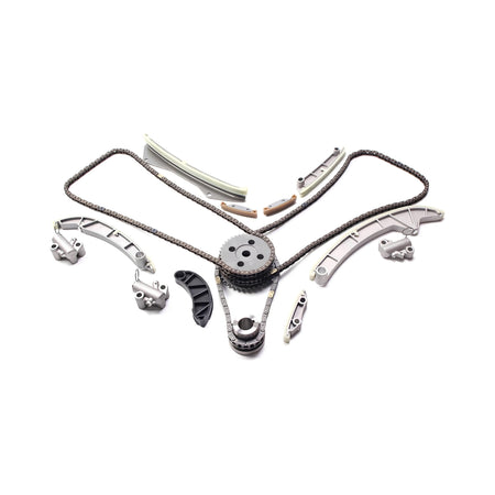 Engine timing chain kit with metal gears, chain segments, and timing guide rails