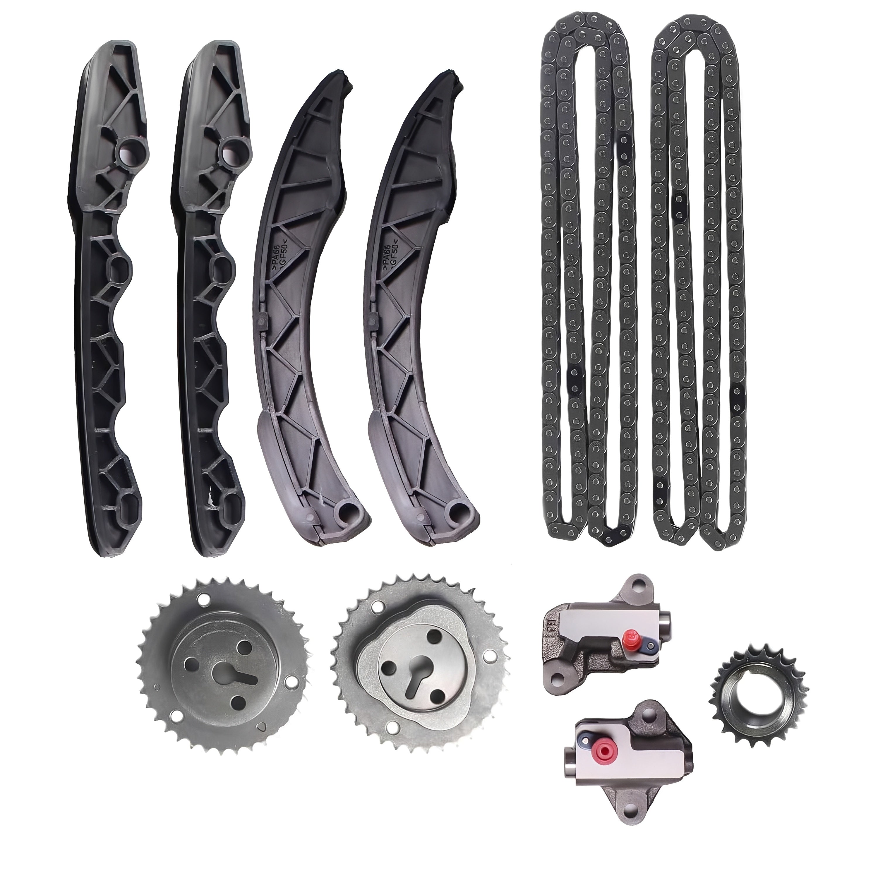 Timing chain kit components: chain guides, sprockets, tensioners, gears, small parts set