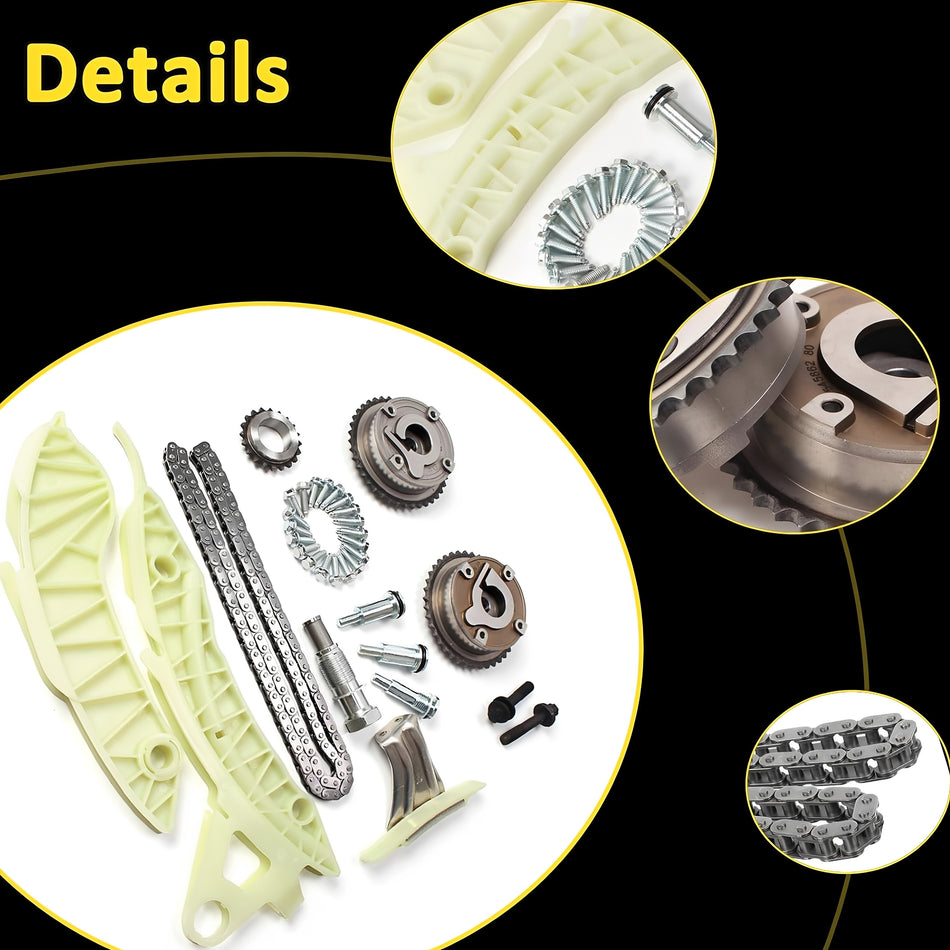 Timing chain kit set with guide rails, timing chain, sprockets and fasteners