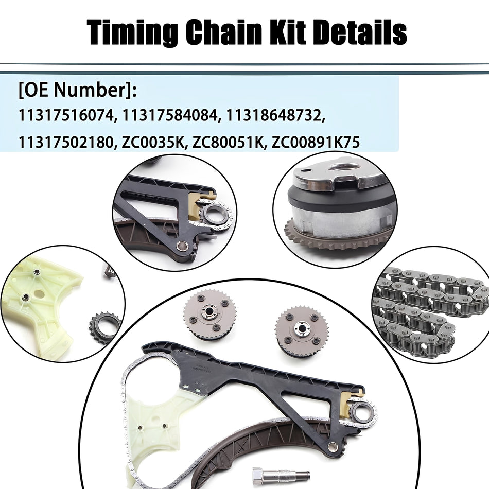 Timing chain kit parts diagram showing sprockets, guide rail, and included components