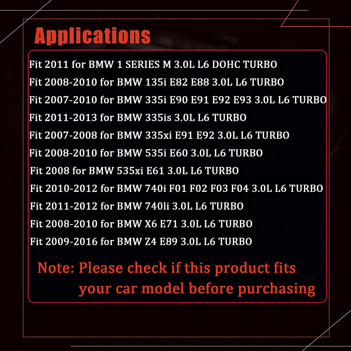 Timing chain kit application chart graphic for compatible BMW models