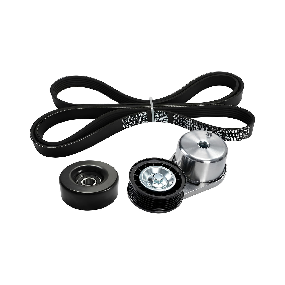 Serpentine belt tensioner kit with black serpentine belt, idler pulley, and tensioner