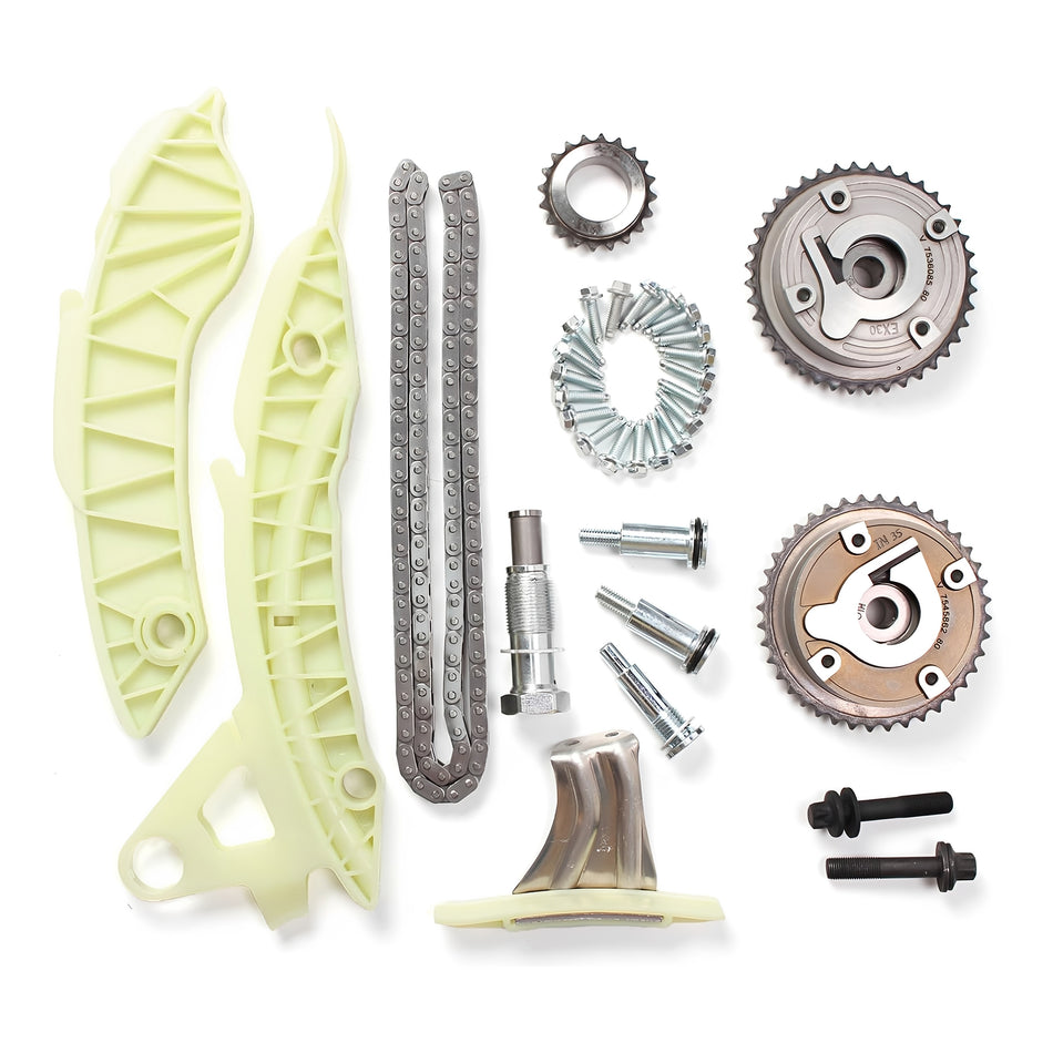 Timing chain kit components: guide rails, timing chain, sprockets, bolts