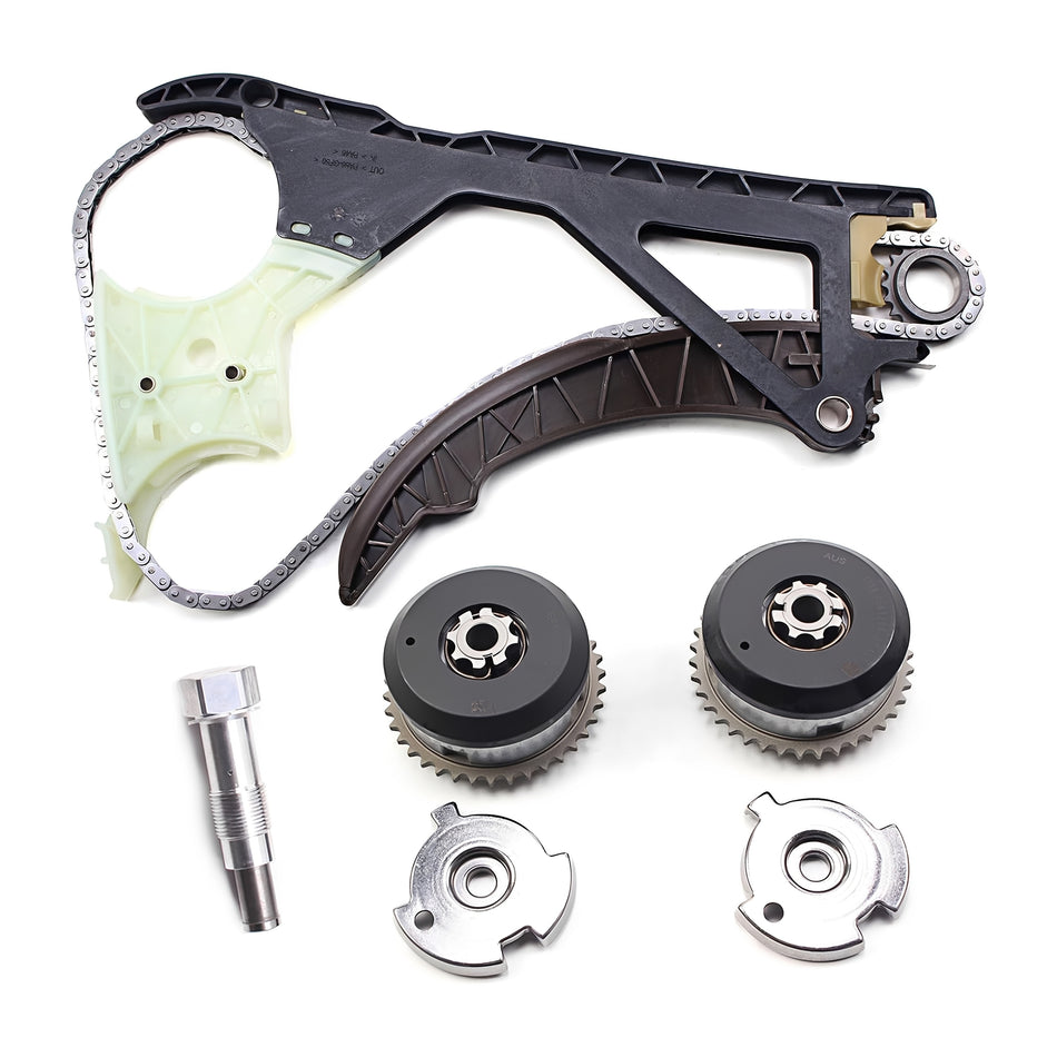 Timing chain kit parts set with chain rail, guide, two sprockets, and tensioner