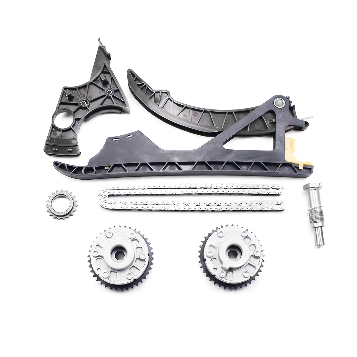 Timing chain kit with black guide rails, metal sprockets, and tensioner