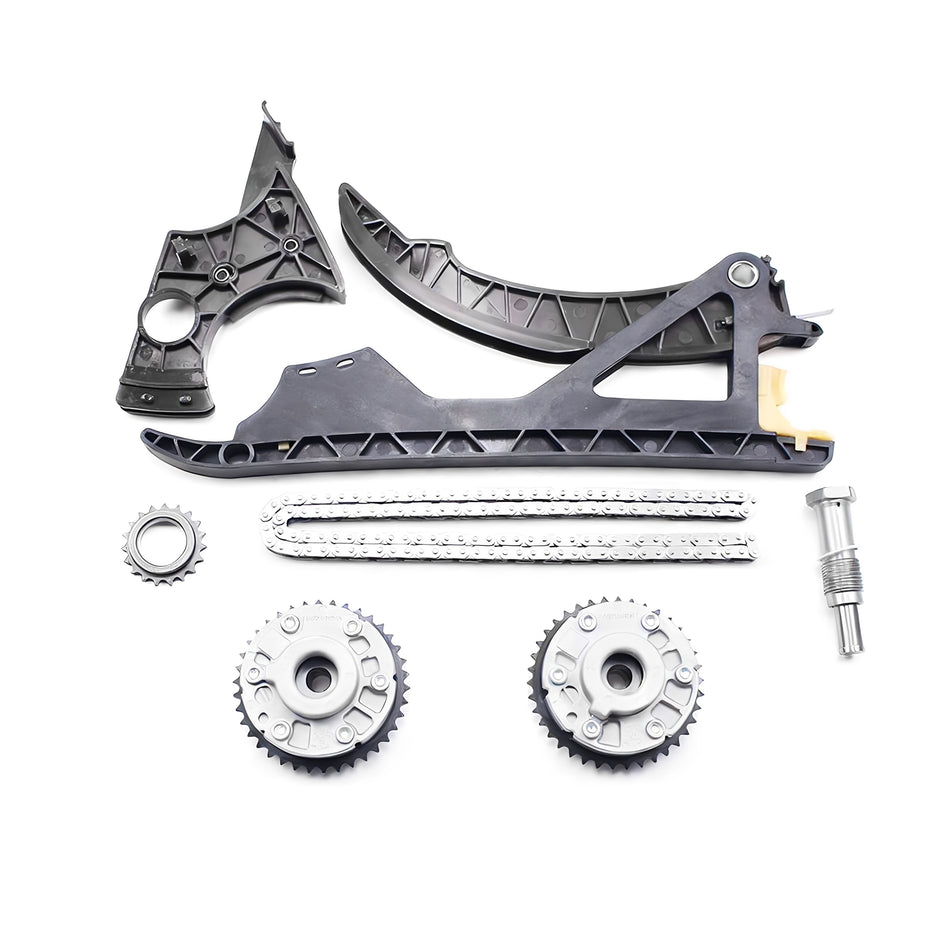 Timing chain kit with black guide rails, metal sprockets, and tensioner