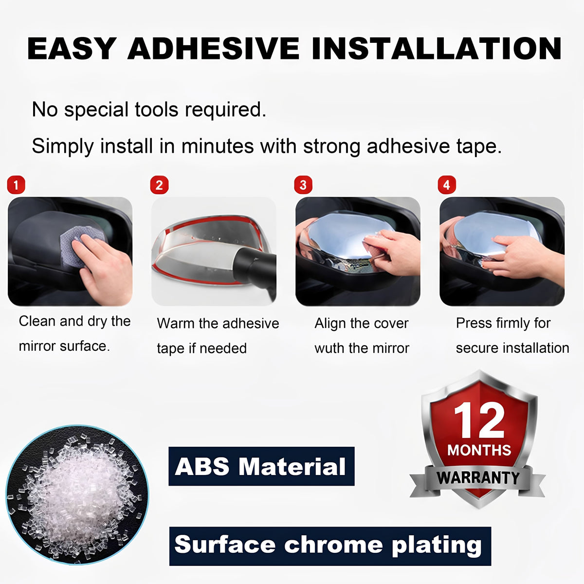 Chrome top half mirror cover with adhesive installation and ABS chrome plating