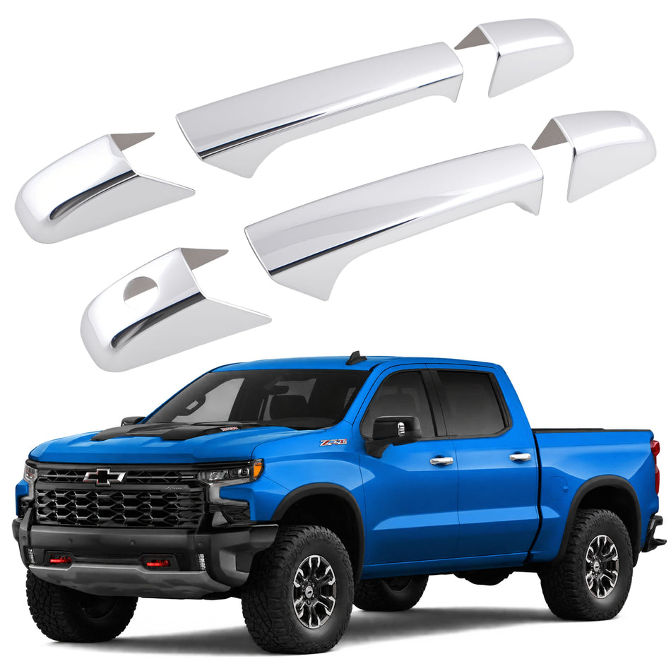 Chrome handle cover trim set with reflective finish, shown with vehicle