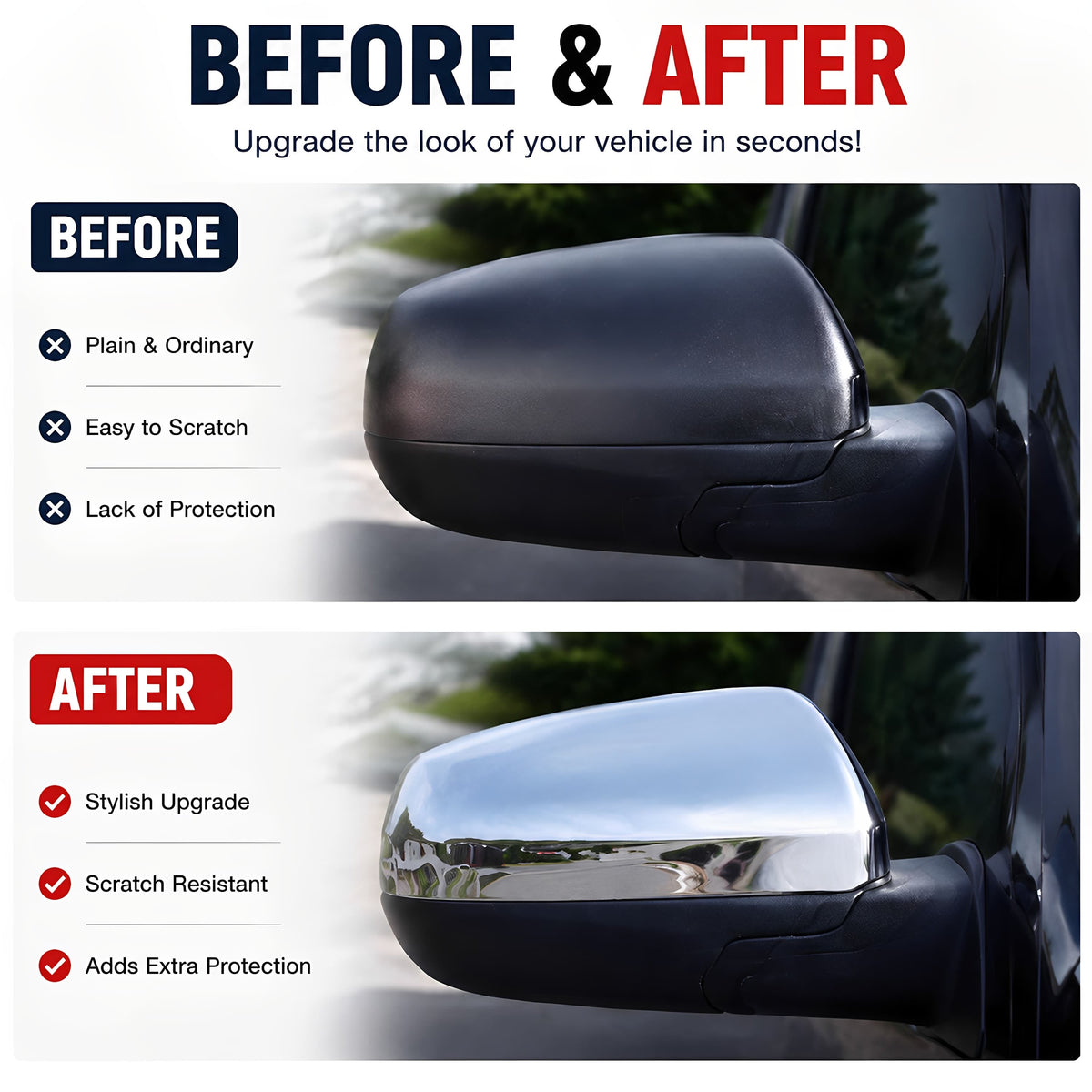 Chrome top half mirror cover for truck, glossy metallic finish on side mirror