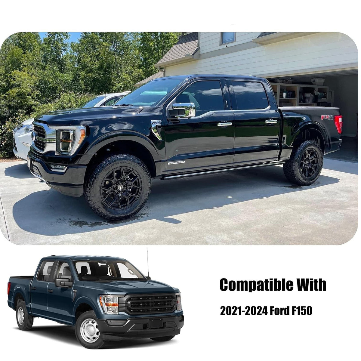 Glossy chrome mirror and door handle covers on dark blue Ford F150 truck