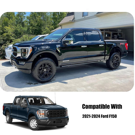 Glossy chrome mirror and door handle covers on dark blue Ford F150 truck