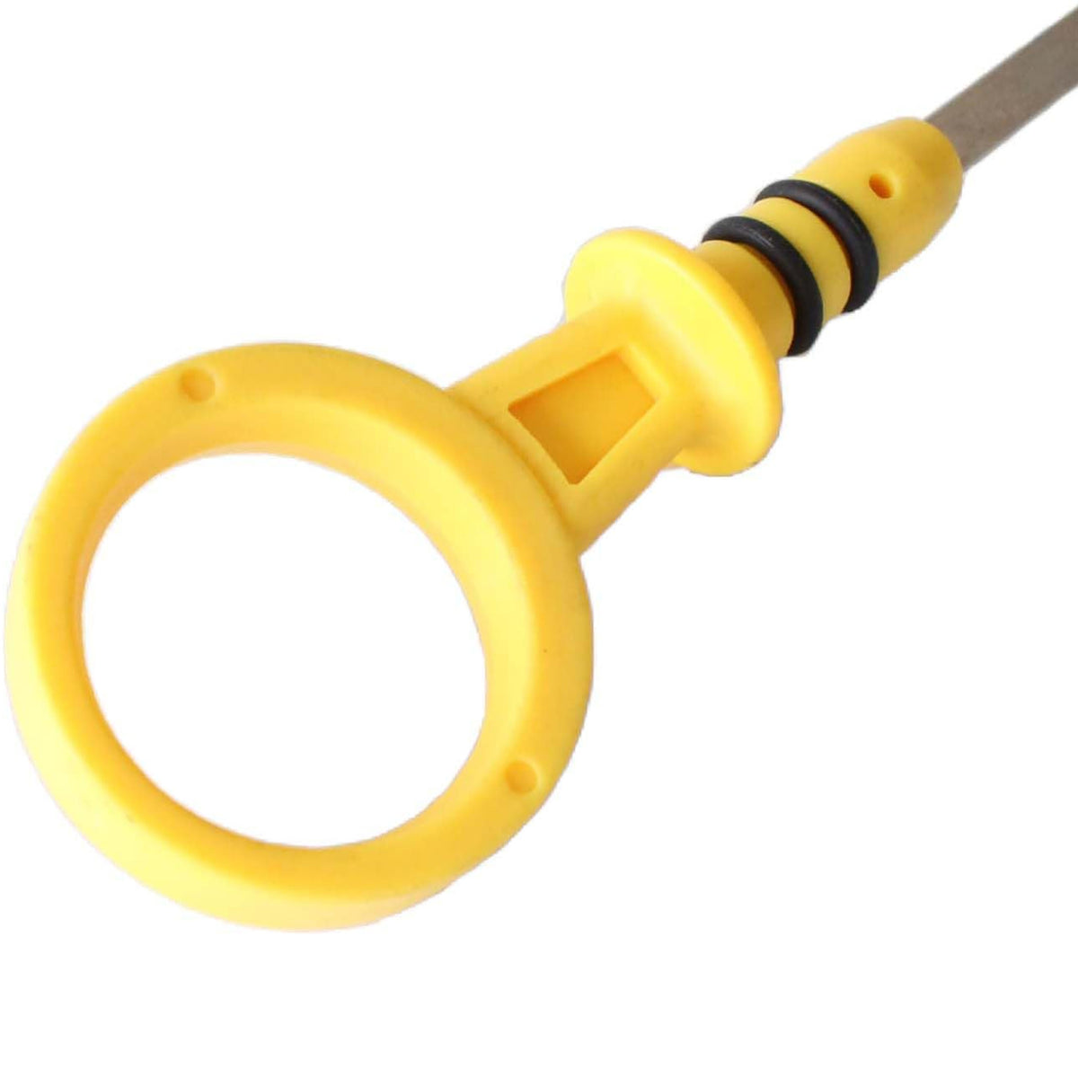 Engine oil dipstick with yellow loop handle, black seal, and metal probe
