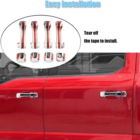 Chrome door handle cover installation shown on a red pickup door handle.