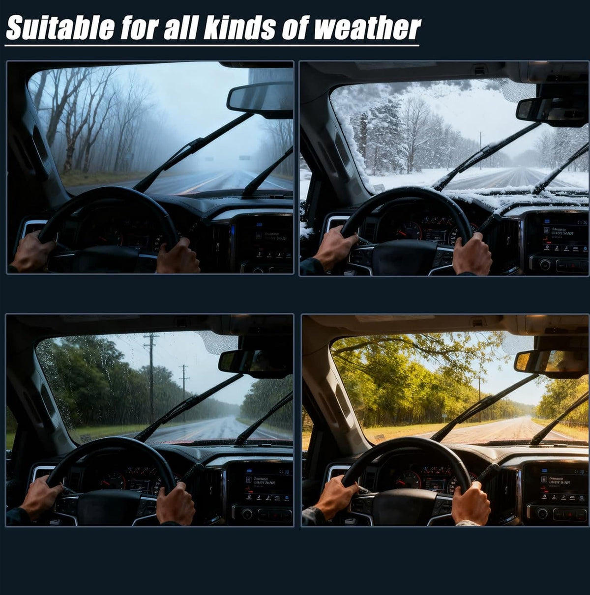 Windshield wiper blades clearing rain and snow on a car windshield