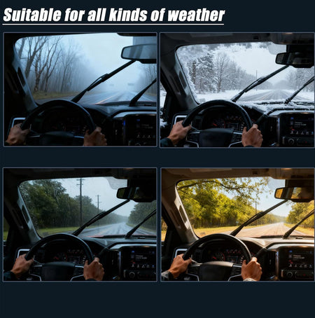 Windshield wiper blades clearing rain and snow on a car windshield