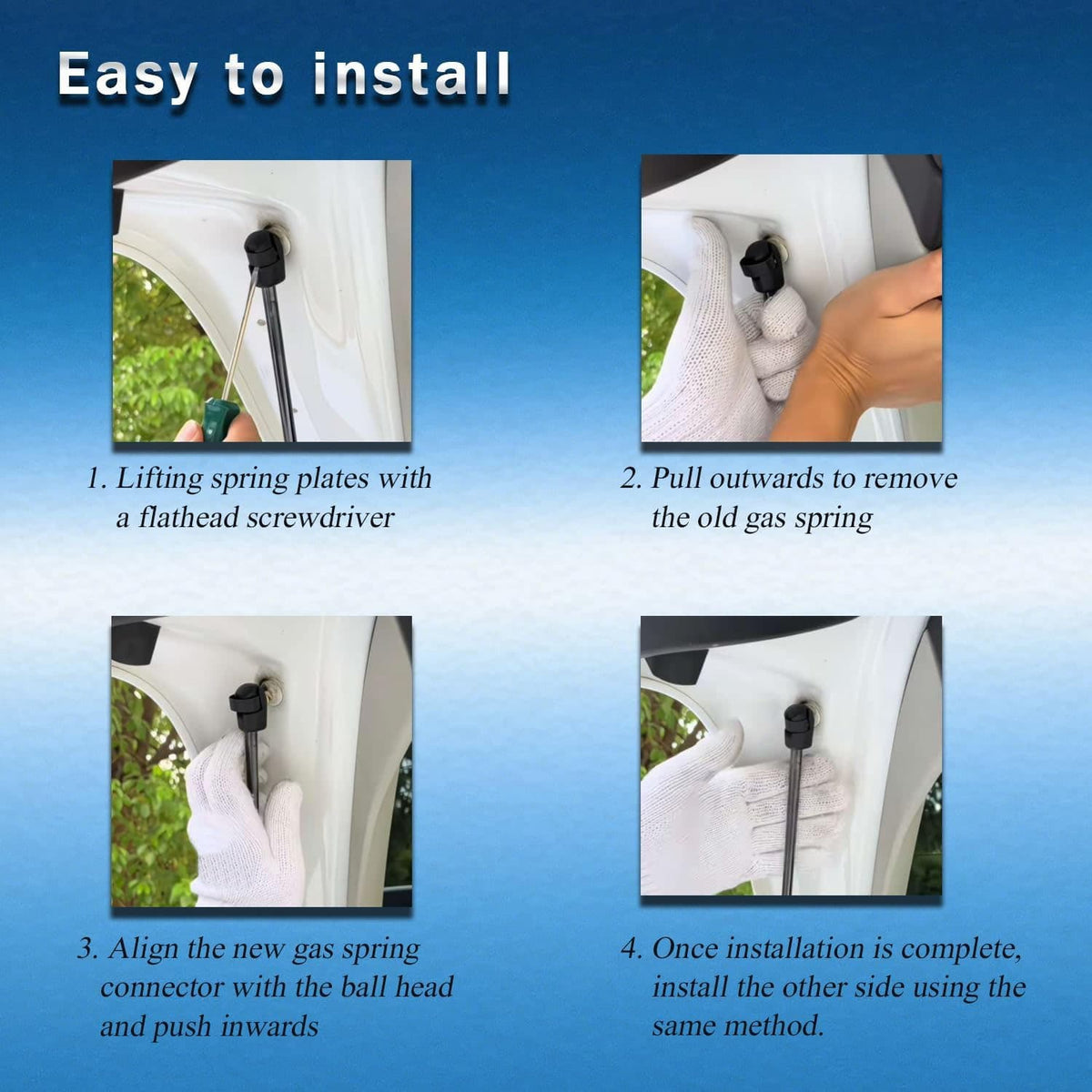 Pair of black rear window lift supports with installation steps and spring connector shown