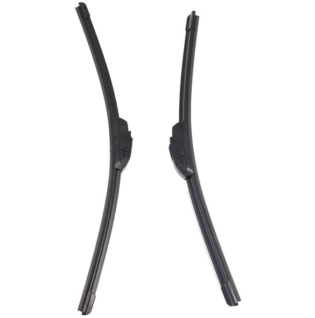 Pair of black windshield wiper blades with long narrow frames, side view